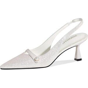 🆕White Faux Leather Kitten Heels Slingback Pumps, Pearl Heels for Work/Wedding